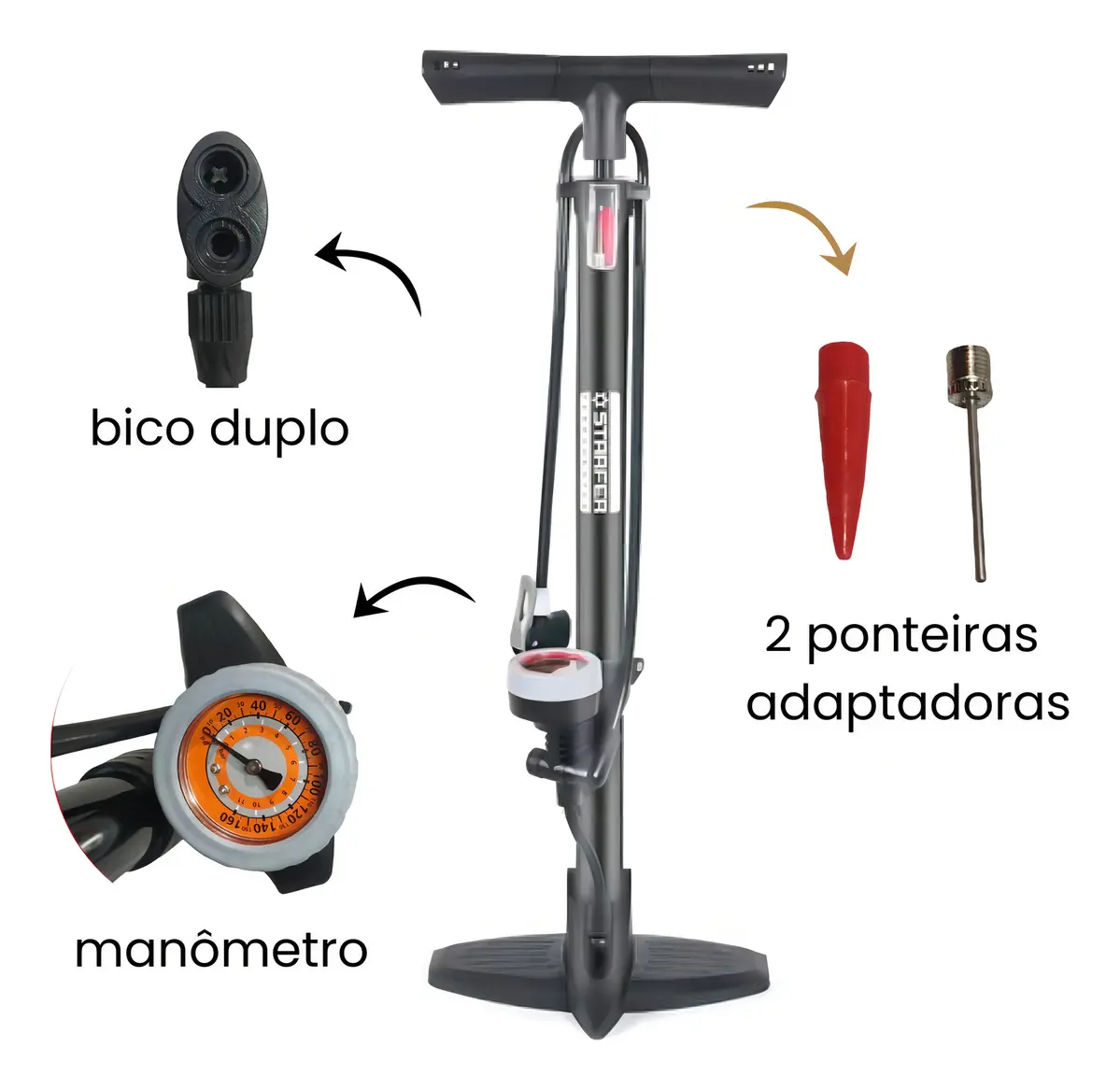 Bomba de Ar Manual Starfer 160psi Bicicleta / Bike com Manômetro