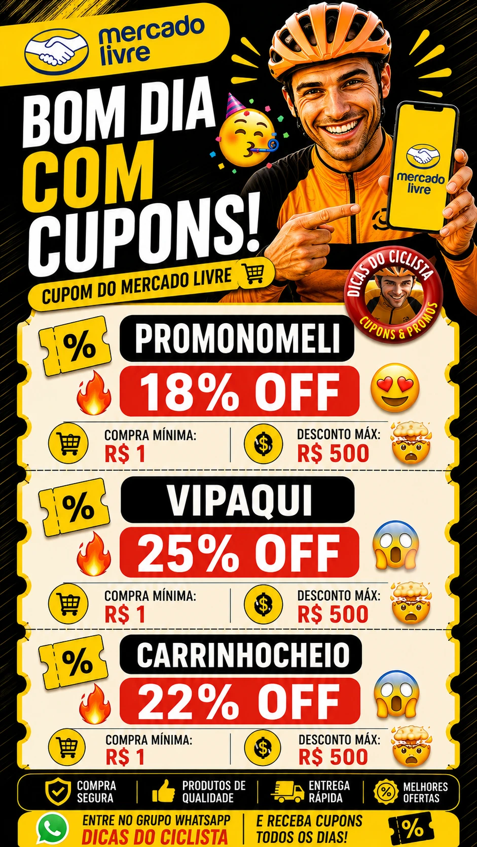 Cupom Mercado Livre Hoje: PROMONOMELI / VIPAQUI / CARRINHOCHEIO
