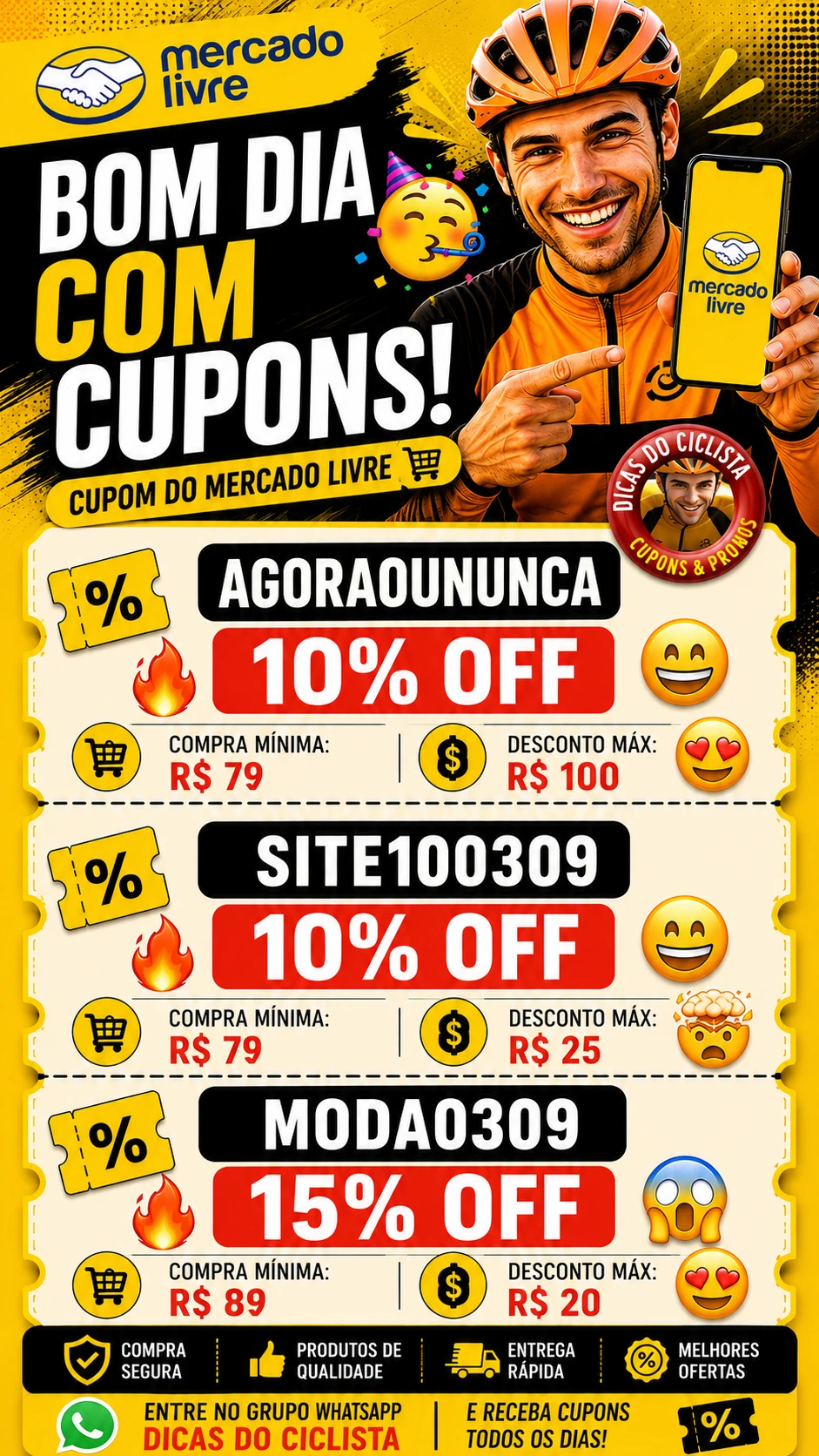 Cupom Mercado Livre Hoje: AGORAOUNUNCA / SITE100309 / MODA0309