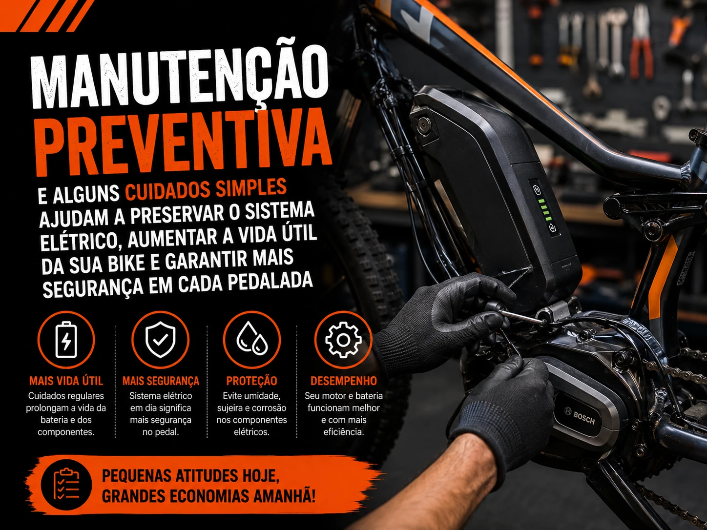 Manutenção preventiva e alguns cuidados simples ajudam a preservar o sistema elétrico, aumentar a vida útil da sua bike e garantir mais segurança em cada pedalada.