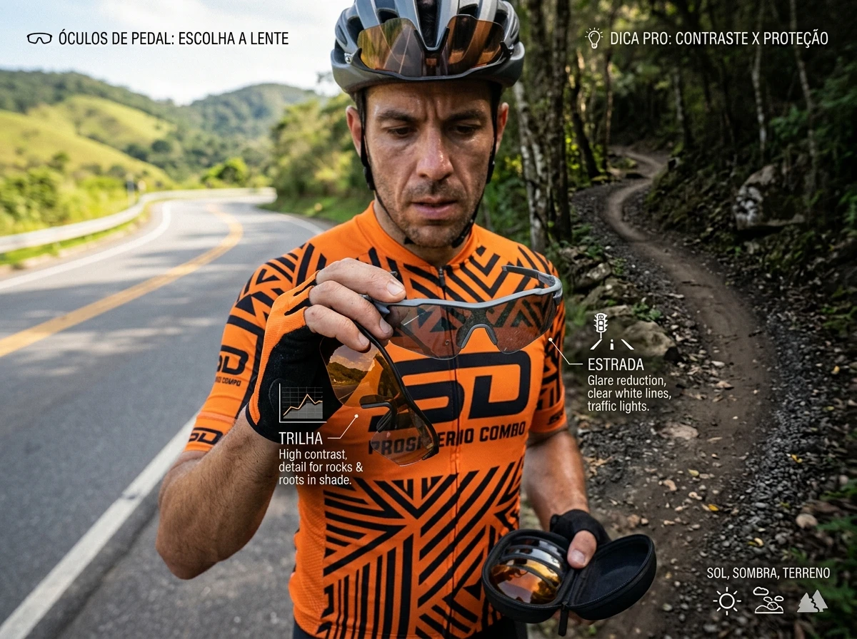 Óculos de pedal: Como escolher lente pra trilha e estrada (e como limpar sem riscar)